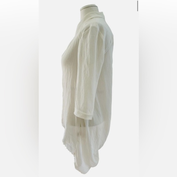 Helmet Lang Sheer Button Front V-Neck Cream Distressed Hem High Low Blouse - Picture 2 of 9